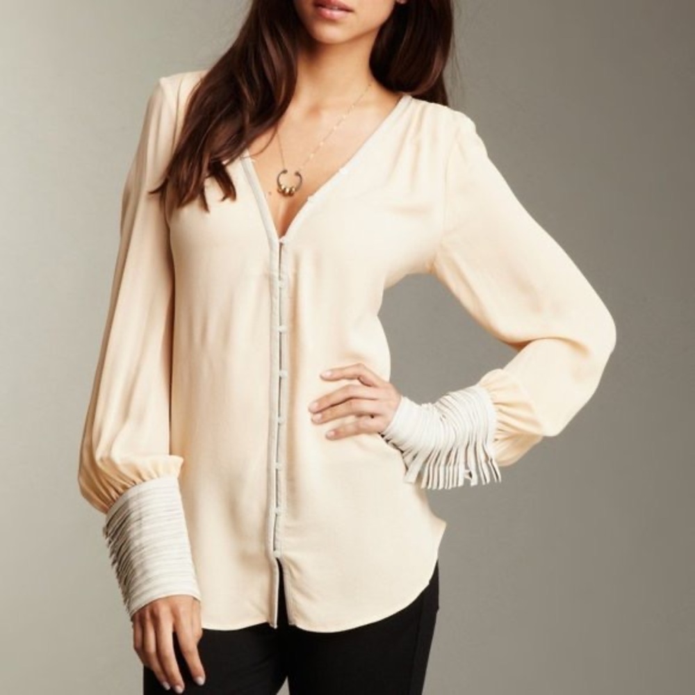 Elizabeth and James pink peach leather trim silk v neck Blouses